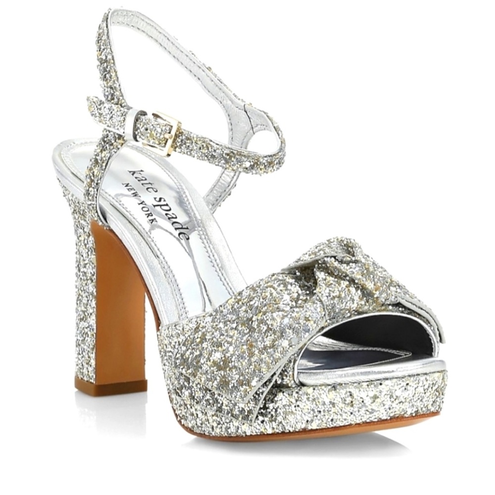 Kate Spade Miya Silver Glitter Bow Ankle Wrap Open Toe Platform new no box - Picture 2 of 8